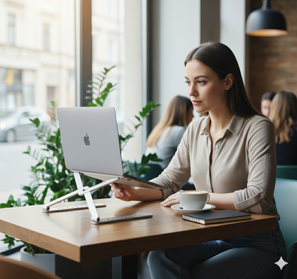 Millennial professional werkt met een ergonomische aluminium laptopstandaard in een koffietent – stijlvol en gezond werken.
