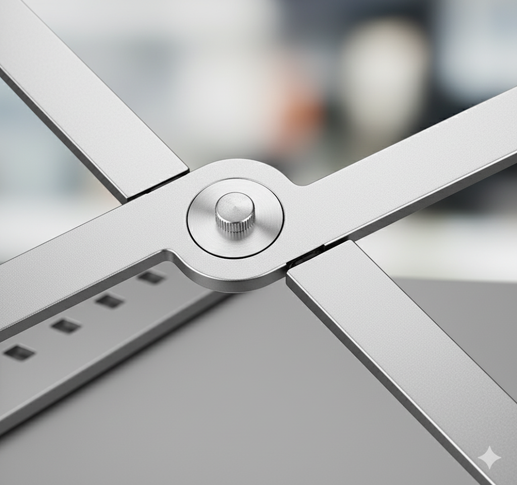 Detail aluminium scharnier Flexora laptopstandaard