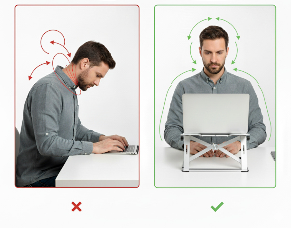 Vergelijking houding zonder laptopstandaard en met laptopstandaard – minder nek- en rugklachten door betere ergonomie.