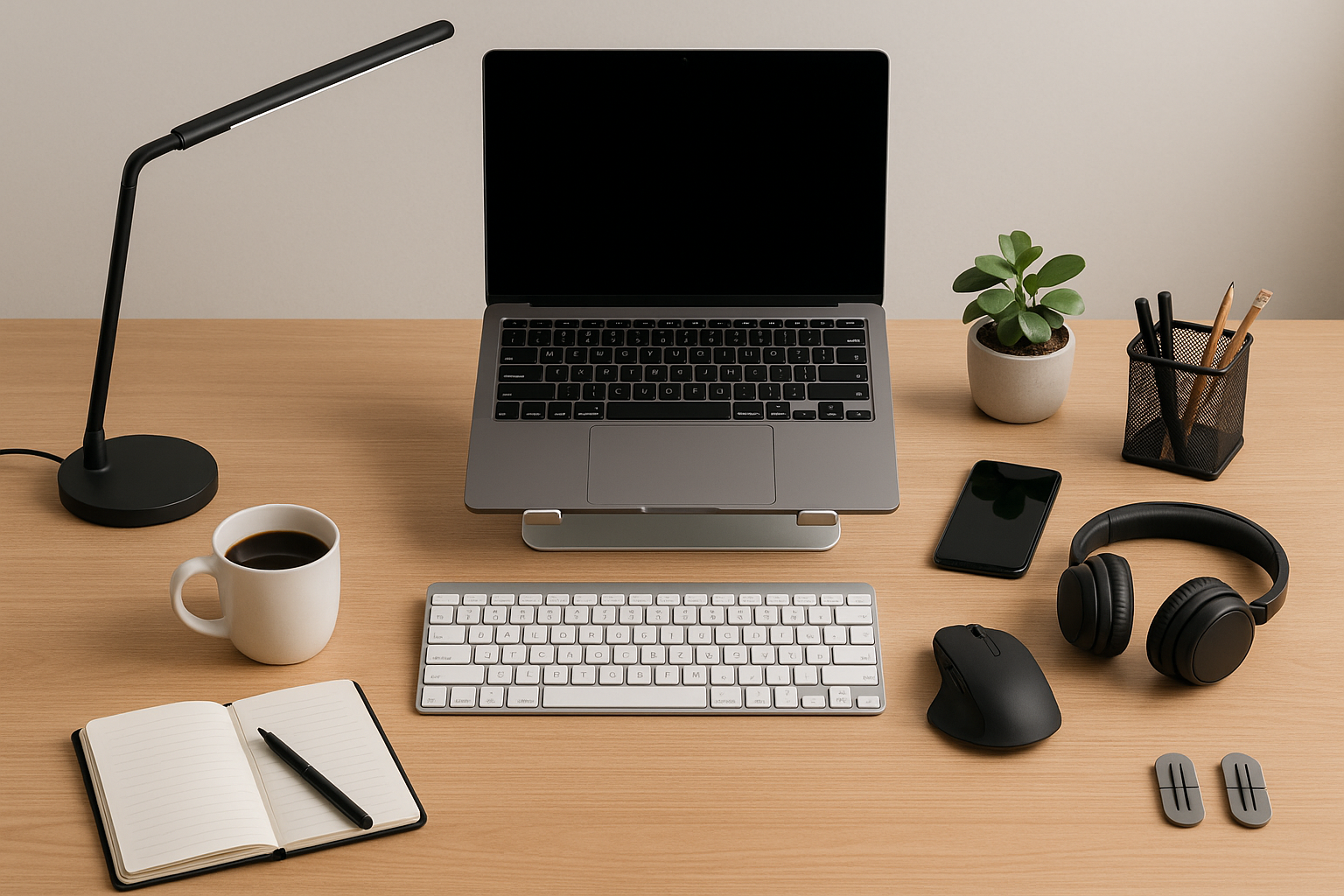 Laptop op aluminium standaard op een georganiseerde bureau-werkplek met toetsenbord, muis, koptelefoon en koffie.